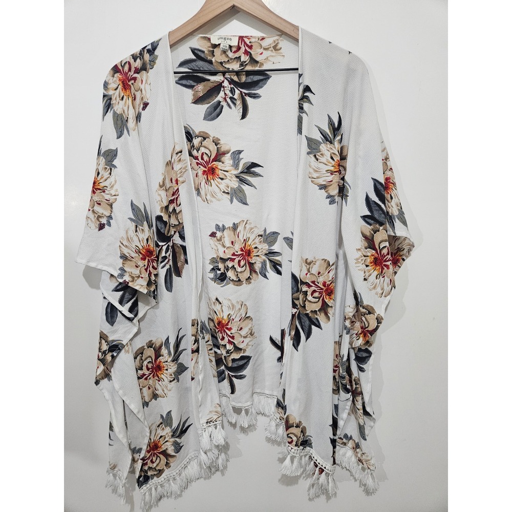 Umgee Floral Kimono Wrap Open Front Tassel Fringe Cream Small Medium